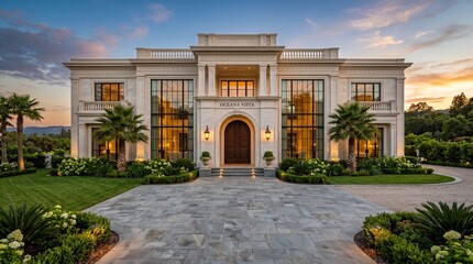 Fototapeta premium Luxury Neoclassical Mansion with Grand Columns and Palm Trees Exterior