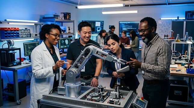 Diverse team of engineers collaborating on a robotic arm in a lab