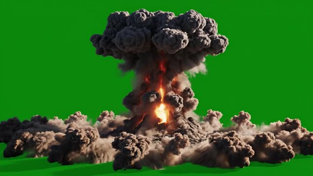 Mushroom cloud, explosion, fire, smoke, green screen, 3D rendering, destruction, blast