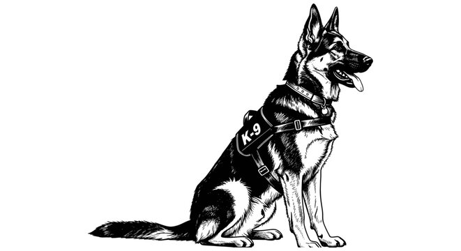 A black and white illustration of a German Shepherd dog wearing a harness, sitting and looking alert.