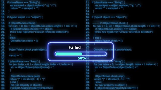 Digital system error notification featuring a glowing progress bar loading screen with failed status message overlaid on abstract blue computer programming source code background, for tech interface