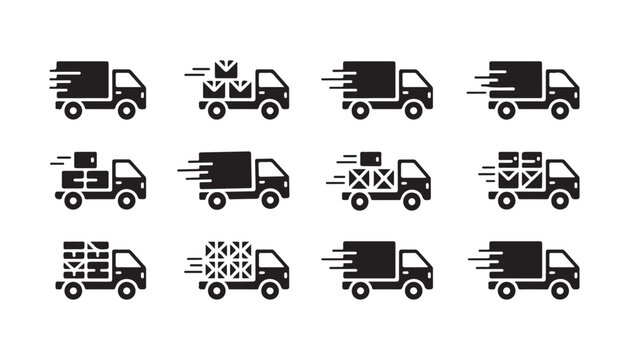 Set of delivery truck icons fast shipping express delivery moving cargo van black vector signs.