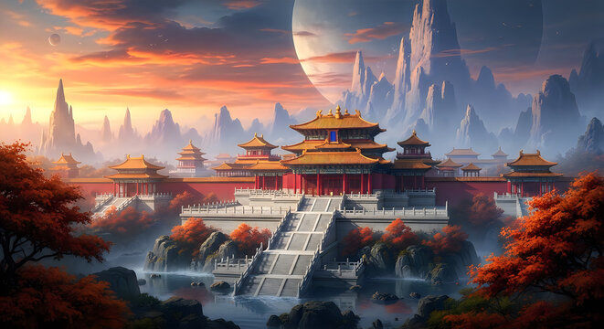 Traditional Chinese Temple on Cliff Overlooking Fantasy Mountain Landscape at Sunset with Moonrise
