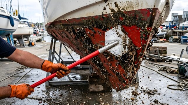 Person wearing orange gloves scraping barnacles off the hull of a boat in a dry dock maintenance yard