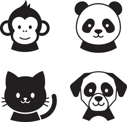 Fototapeta premium Cute Animal Icons Vector Set with Monkey, Panda, Cat, and Dog Face Silhouettes