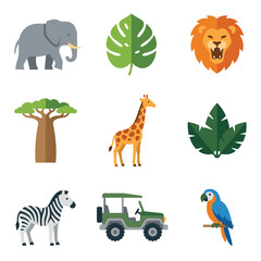 Obraz premium A collection of colorful safari animal vector illustrations featuring wild creatures like lions elephants and zebras in a flat style