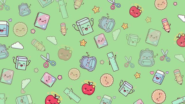 Cute seamless looping back to school pattern animation with kawaii notebooks, backpacks, pencils, erasers, rulers, scissors, apples, and cookies on a pastel green background.