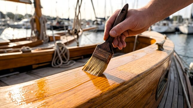 Person applying varnish with a brush to the wooden deck of a boat moored in a harbor