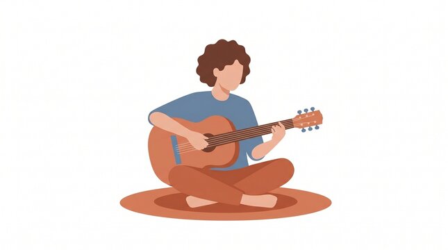 someone playing acoustic guitar sitting on the floor, dusty blue and warm terracotta palette, no text no details, white background