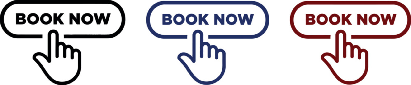 Set of three book now call to action buttons with hand cursor icons for web design and marketing.