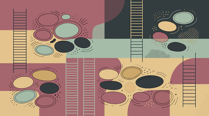 Abstract geometric composition with ladders and organic oval shapes in muted tones. © Warsi