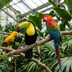 Fototapeta premium Two beautiful exotic birds, a toucan and a colorful scarlet macaw parrot, perched together on a branch in a tropical rainforest jungle greenhouse. Wildlife and biodiversity concept.