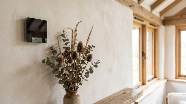 Smart thermostat mounted on a rustic limewash wall next to a dried flower arrangement in a home
