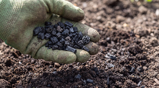 Close-up of biochar pellets held in a gloved hand above dark soil