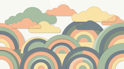 Abstract Geometric Landscape with Pastel Rainbow Arcs and Stylized Clouds. © Donok