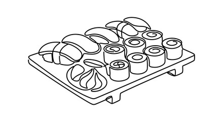 Hand-drawn sushi platter with nigiri and maki rolls, minimalist line art illustration. © anshel