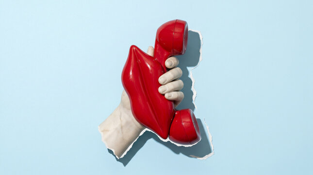 Classical marble hand holding a bright red lips telephone receiver emerging from torn blue paper background