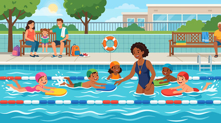 Diverse group of children learning to swim with female instructor in outdoor public swimming pool. © Makdum