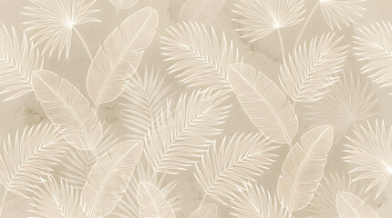 Fototapeta premium Tropical Elegance: An intricate pattern of tropical leaves, rendered in soft, neutral tones, creates a sense of serene sophistication and natural beauty, ideal for elegant design projects.
