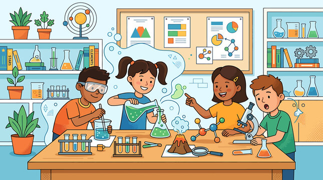 Diverse group of children conducting science experiments in a classroom laboratory setting.