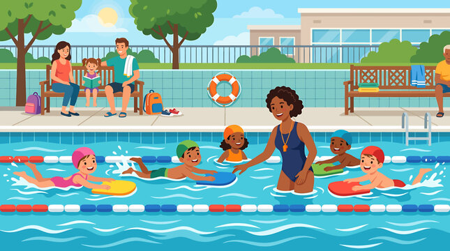 Diverse group of children learning to swim with female instructor in outdoor public swimming pool.