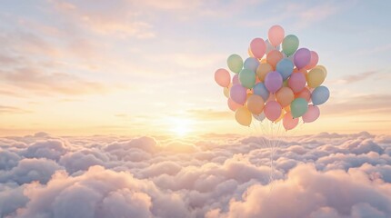 Obraz premium Dreamy Pastel Balloons Floating Above Clouds Background