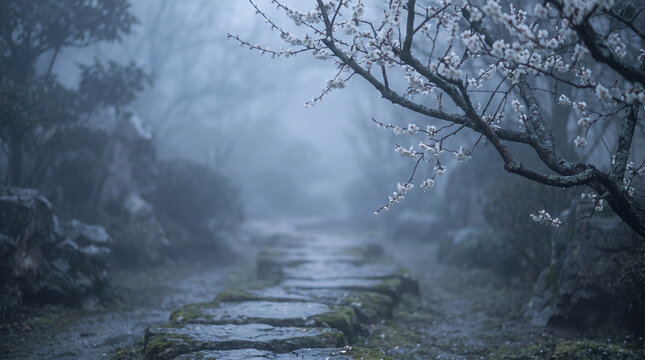 A misty stone path in a garden with a blooming white plum blossom branch overhead in cold spring fog
