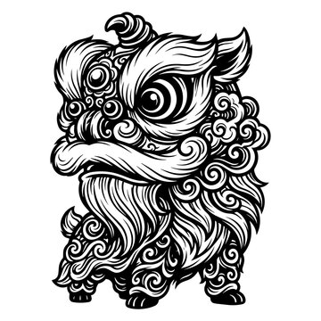 Stylized chinese guardian lion, also known as a foo dog, with intricate swirling fur patterns, black and white isolated