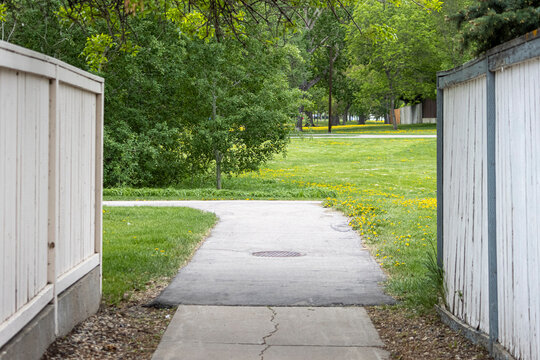 Passage between fenced properties leading into an urban park green space.