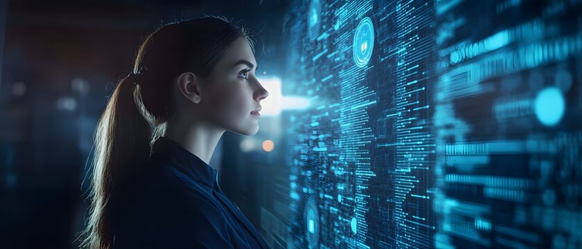 A focused woman gazes at a high-tech digital interface, illuminated by blue holographic data. The image captures the essence of technology and innovation in a modern workspace.