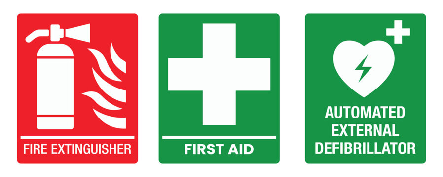 Automated External Defibrillator AED, Fire Extinguisher and First Aid Sign. Emergency Equipment Safety Label, Vector Illustration