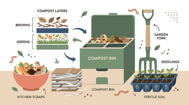 Educational infographic showing composting process with kitchen scraps garden fork and seedlings.