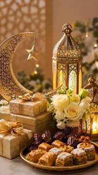 Eid gifts, sweets and crescent with lanterns