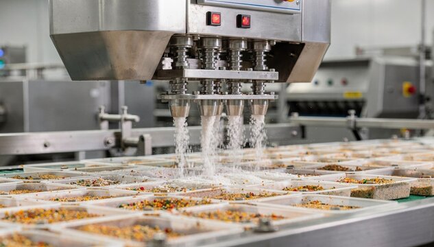 Medium shot of a screw feeder microdosing unit accurately dispensing salt and spices into a production line showcasing precise ingredient control in food processing.