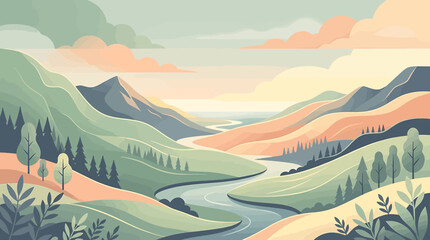 Flat vector illustration of a winding river flowing through a mountain valley at sunset. © Mubari