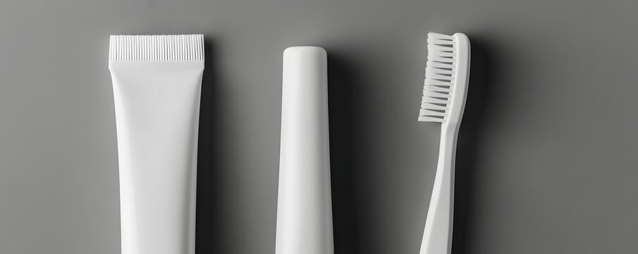 A minimalistic composition featuring a white toothbrush and toothpaste tube against a gray background. Perfect for themes related to hygiene, oral care, and daily routines.