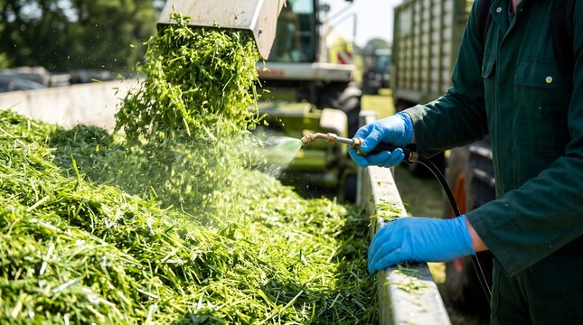 Farmer spraying biological additive onto freshly harvested silage crops using a handheld nozzle tool