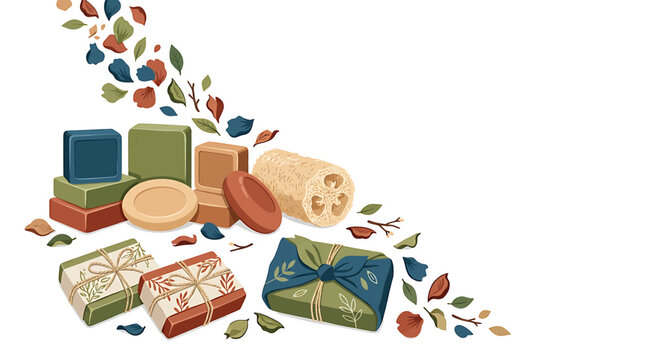 Natural Handmade Soap Bars and Loofah Sponge with Botanical Elements Illustration.