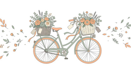 Fototapeta premium Vintage Bicycle Illustration with Wicker Baskets Filled with Colorful Spring Flowers and Flying Leaves.