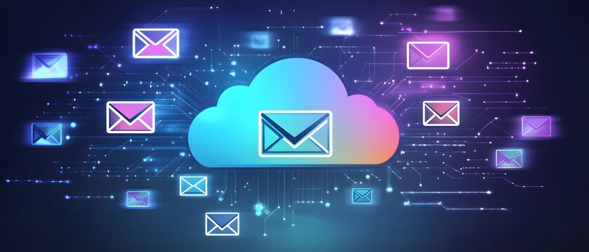 Illustration of cloud computing and email communication with vibrant designs.