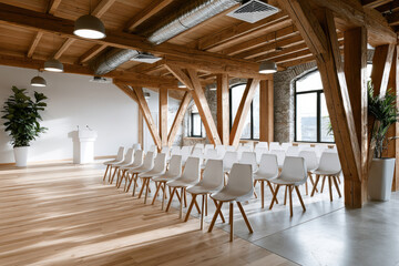 Fototapeta premium Modern conference hall with wooden beams, white chairs, podium, large windows, natural light, and indoor plants create welcoming atmosphere