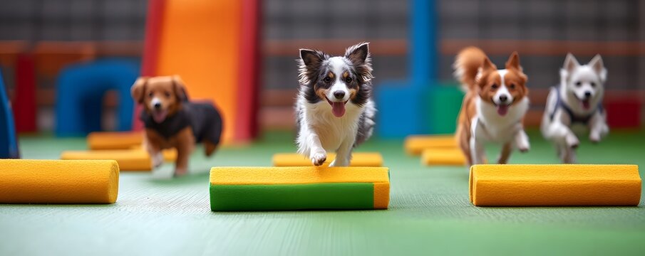 Playful dogs engaging in an agility training session, showcasing their speed and excitement