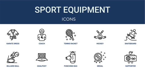 Set of 10 outline Sport Equipment icons for reports, landing pages and application screens. Editable stroke icon pack including karate dress, coach, skateboard, billiard ball and supporter. © Emilia