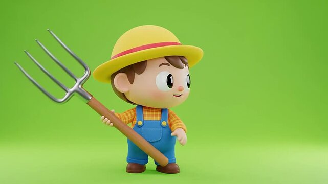 Cute 3D cartoon boy dressed as a farmer holding a pitchfork on green background.