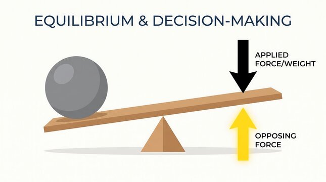 Equilibrium and decision-making physics diagram, applied force and opposing force on a seesaw lever, business strategy balance concept illustration
