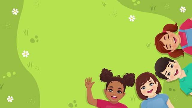 Loop animation of multiethnic boys and girls lying on green grass together. Happy children celebrating friendship, summer and childhood. Cartoon character animation.