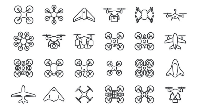 Minimalist Drone and UAV Outline Icons Grid. Unmanned Aerial Vehicle Technology Symbols.