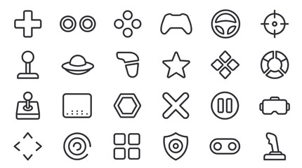 Minimalist Game Controller and Gaming Line Icons Set. Outline icons for video games, joystick, virtual reality, and entertainment. © myroslav