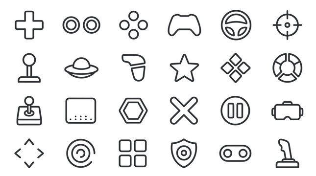 Minimalist Game Controller and Gaming Line Icons Set. Outline icons for video games, joystick, virtual reality, and entertainment.