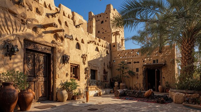 Authentic Gulf Heritage Courtyard with Traditional Arabian Mudbrick Homes, Palm Trees, Historic Desert Architecture and Timeless Cultural Village Scene